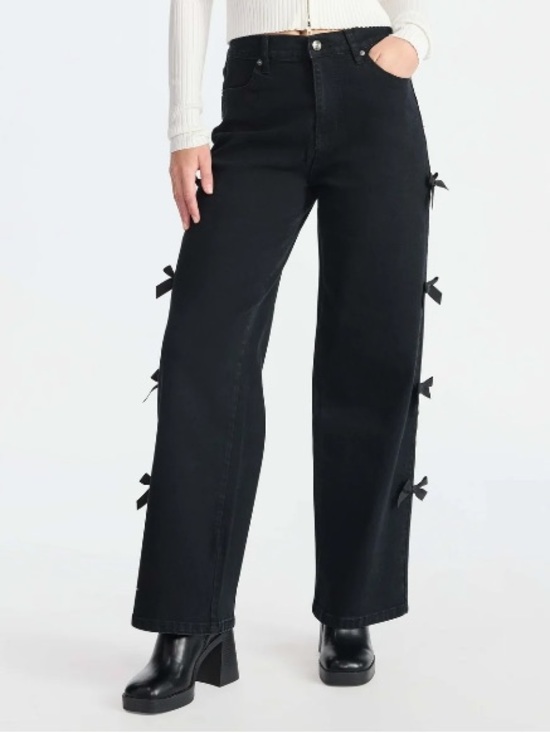 Madden Nyc Denim - Madden NYC Women's Black Bow Relaxed Wide-Leg Jeans Medium